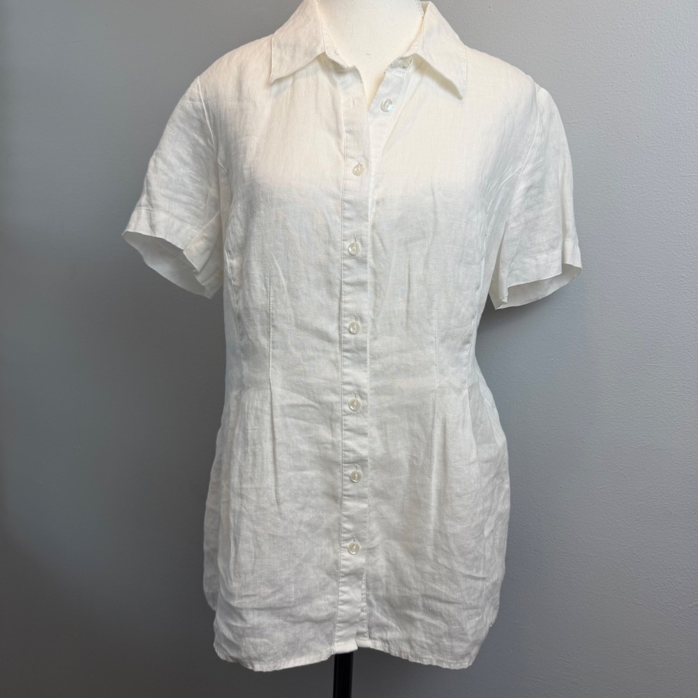 J. Jill White MED 100% Linen Short Sleeve Button Down Shirt Minimalist Natural